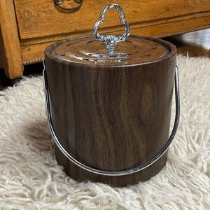 Vintage Brown Vinyl Irvineare Ice Bucket With Ornate Silver Lif & Tongs